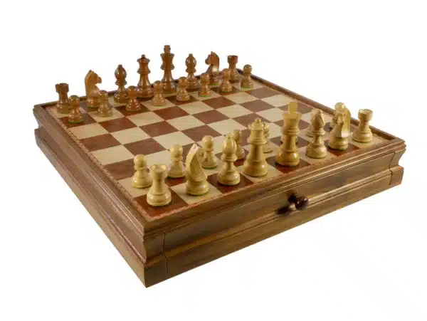 Wood Inlaid Chest and Chessmen